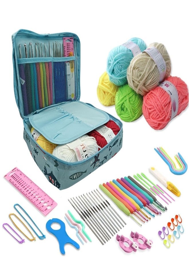 جيرن طقم كروشيه من جيرن مكون من 67 قطعة، طقم كروشيه للمبتدئين والبالغين، حقيبة سفر لإبر الكروشيه، مع إبر كروشيه، 5 كرات خيوط ملونة، لوازم حياكة (أزرق فاتح) - Image 1